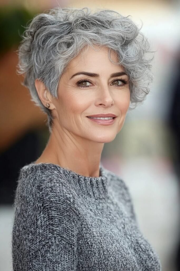 Textured Curly Silver Grey Pixie Cut