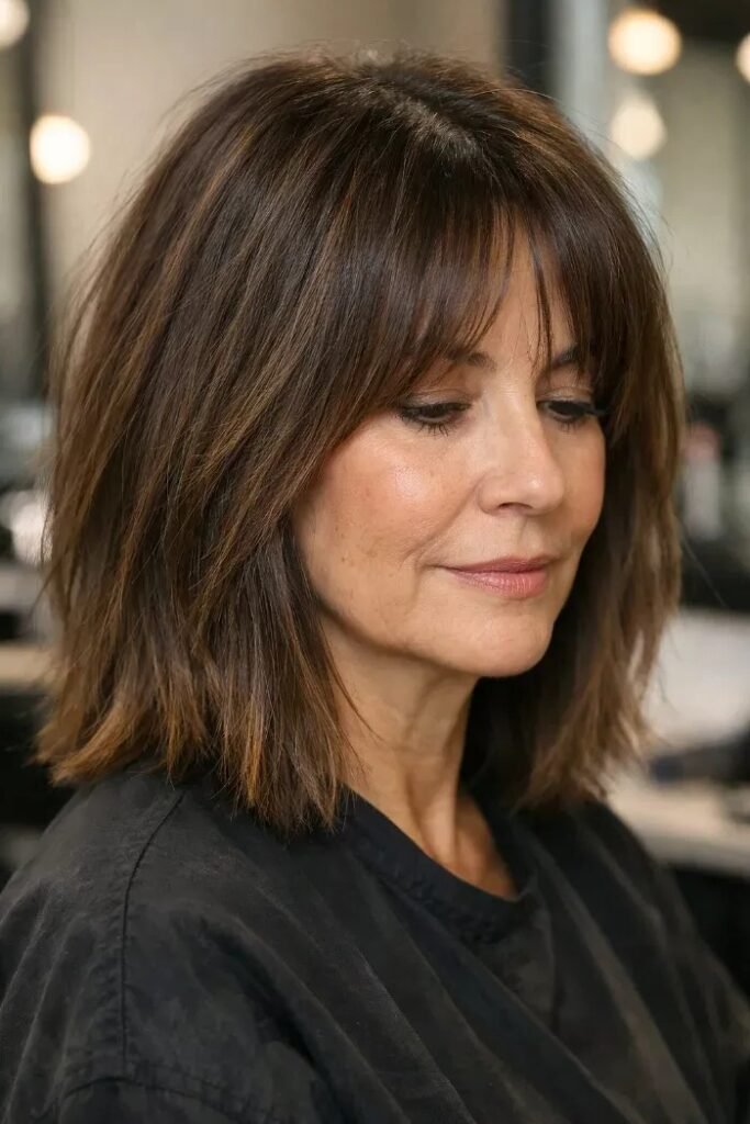 Textured Dark Brown Bob with Soft Bangs