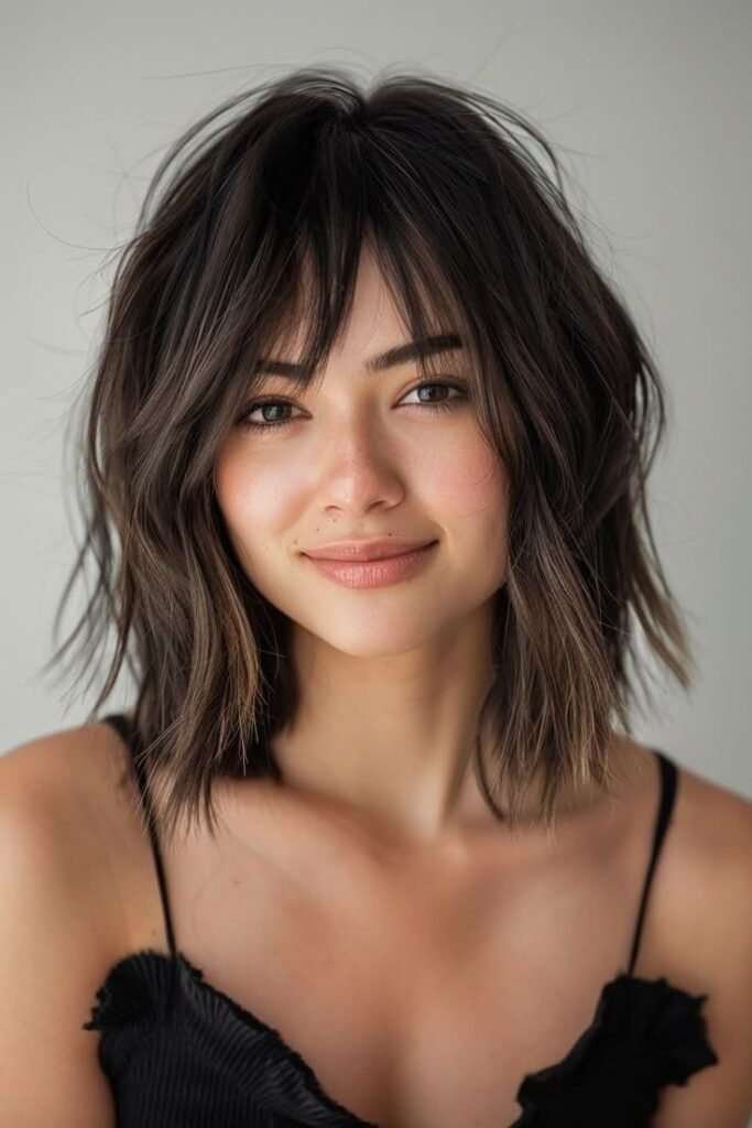 Textured Dark Brown Bob with Wispy Bangs