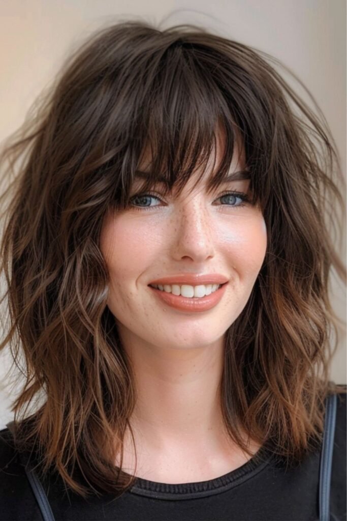 Textured Dark Brown Lob with Full Wispy Bangs