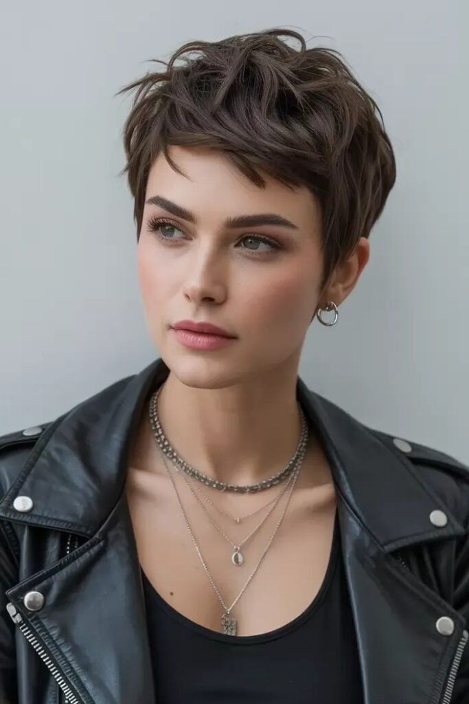 Textured Dark Brown Pixie Cut with Side-Swept Bangs