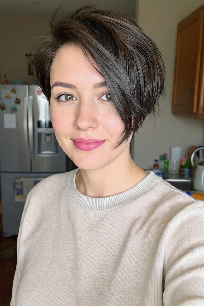 Textured Dark Brown Pixie with Deep Side Part