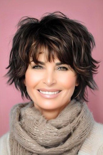 Textured Dark Brown Shag with Soft Highlights and Bangs