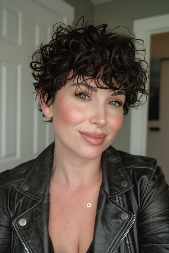 Textured Dark Curly Pixie Bob with Bangs