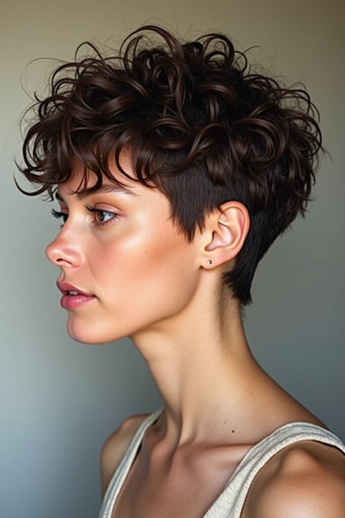 Textured Dark Pixie Cut with Curly Top