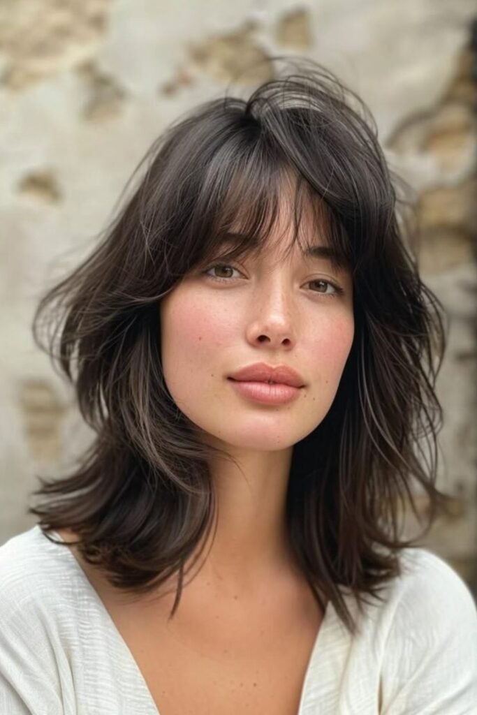 Textured Dark Shag Haircut with Curtain Bangs
