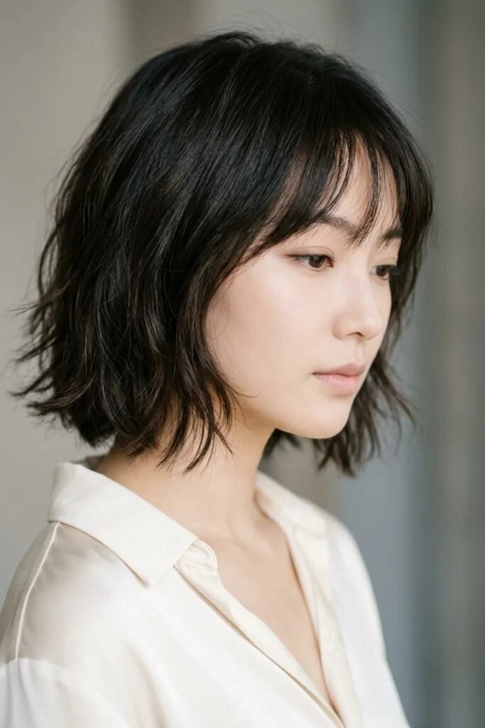 Textured Dark Shaggy Bob with Bangs