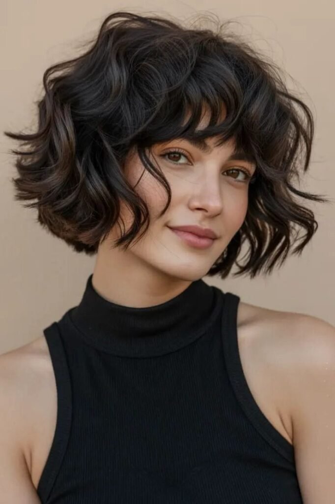 Textured Dark Wavy Bob with Layered Bangs