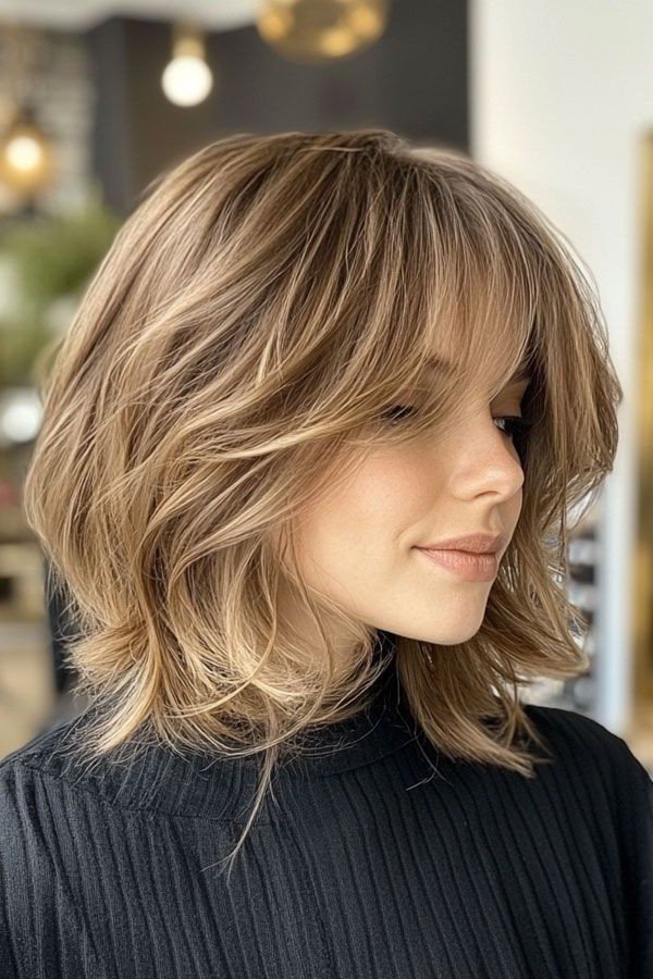 Textured Honey Blonde Bob with Soft Curtain Bangs