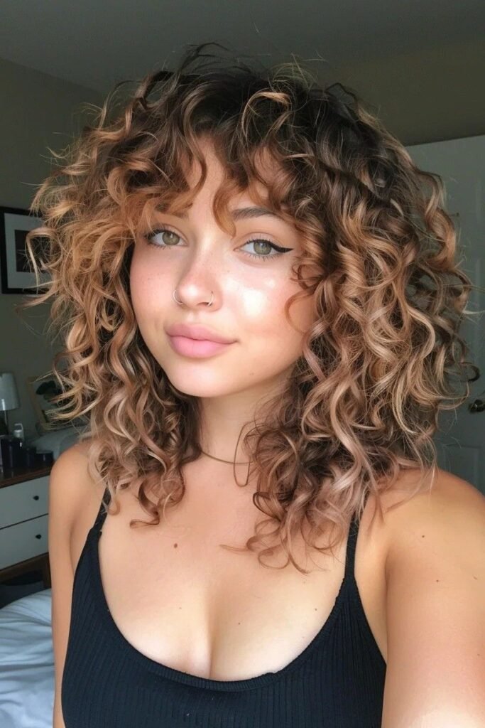 Textured Honey-Blonde Curly Shag with Bangs
