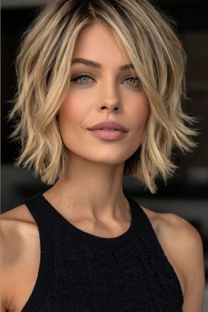 Textured Layered Bob with Honey Highlights