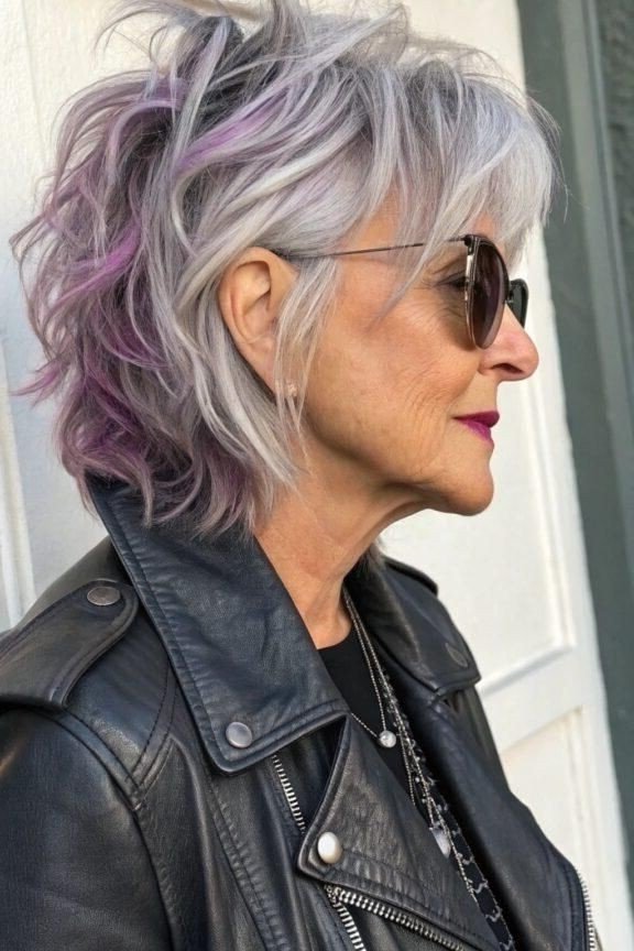 Textured Layered Bob with Purple Lowlights