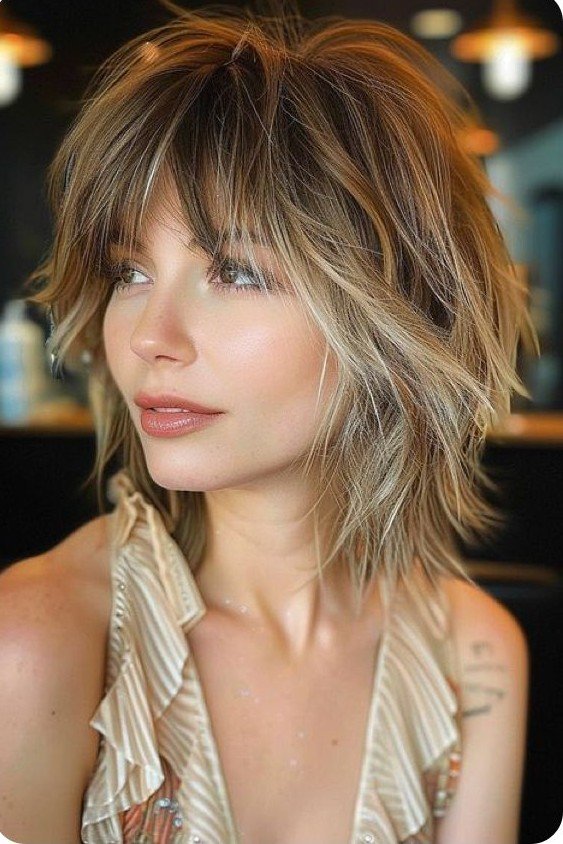 Textured Layered Lob with Highlighted Face-Framing Bangs