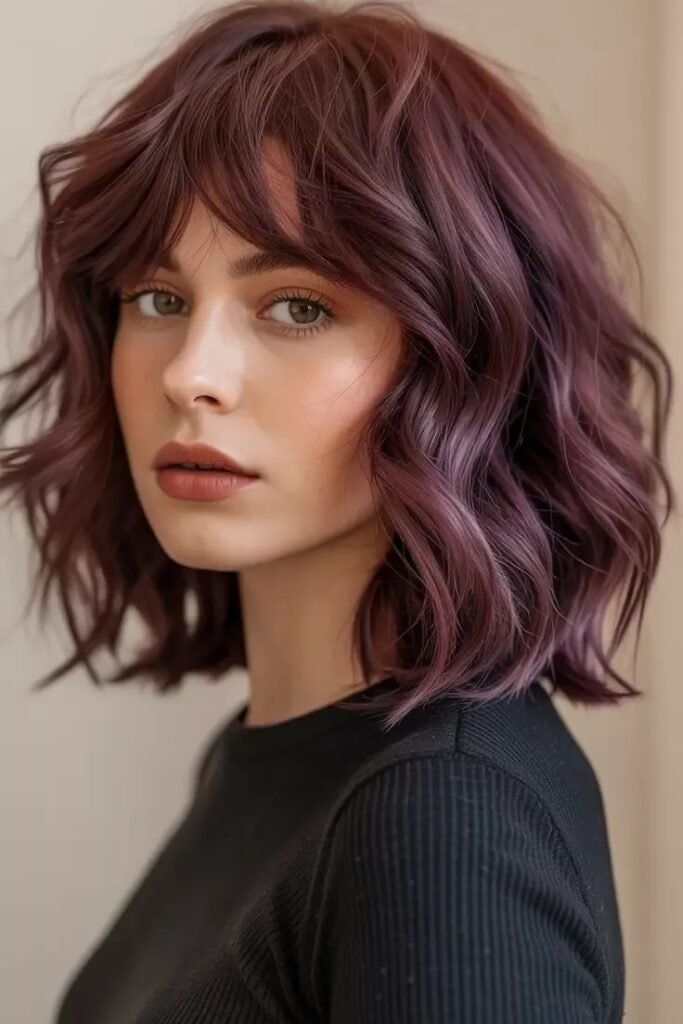 Textured Mauve-Brown Bob with Curtain Bangs