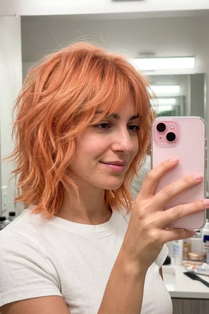 Textured Peach-Orange Shaggy Bob with Soft Bangs