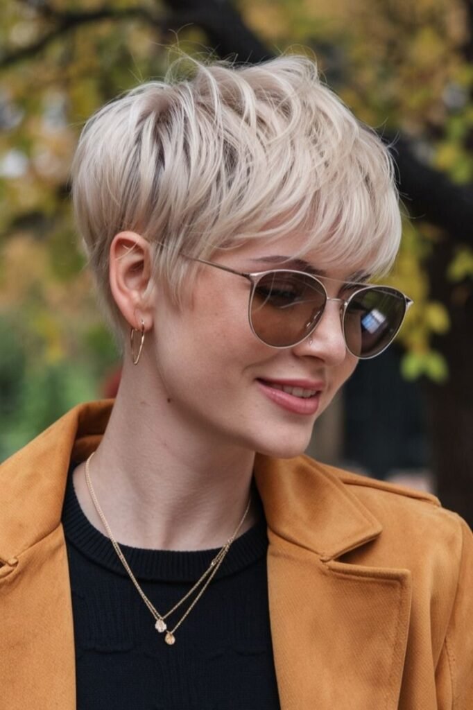 Textured Platinum Blonde Pixie Cut with Side-Swept Bangs
