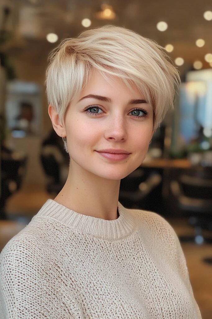 Textured Platinum Blonde Pixie Cut with Side Swept Bangs