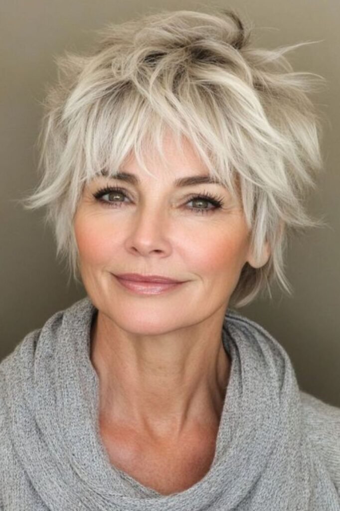 Textured Platinum Blonde Pixie Shag with Volume and Fringe