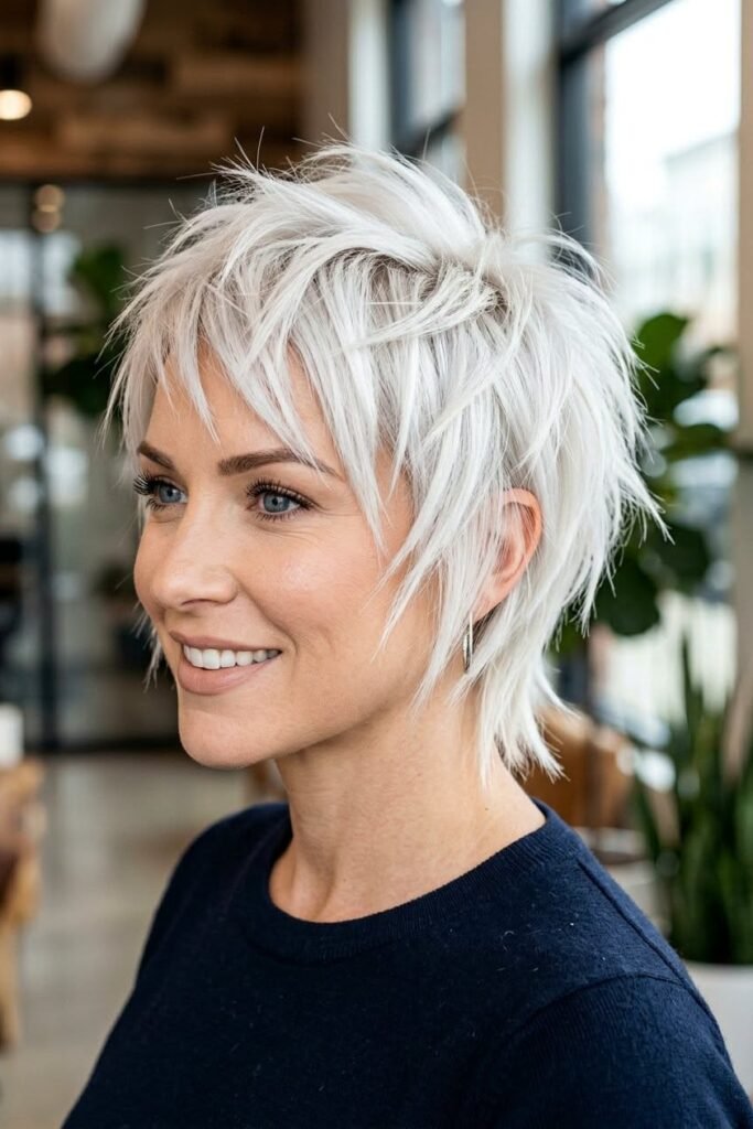 Textured Platinum Blonde Shaggy Pixie Cut