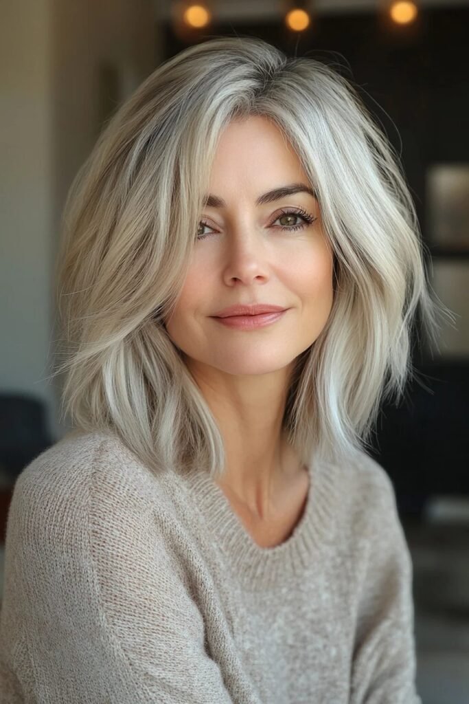 Textured Platinum Bob with Curtain Bangs