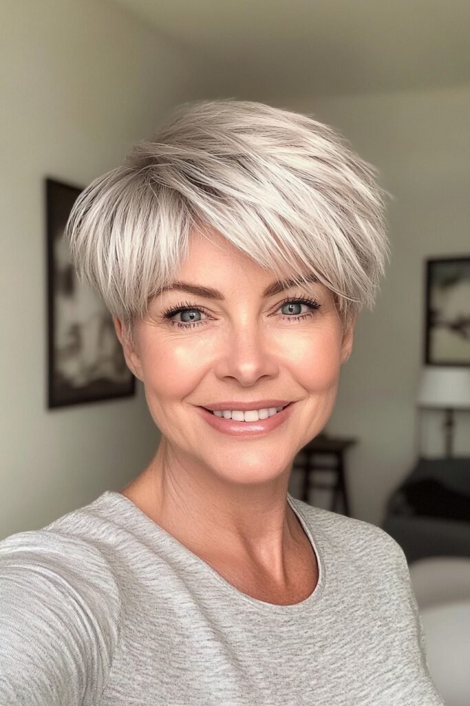 Textured Platinum Pixie Cut with Side-Swept Bangs