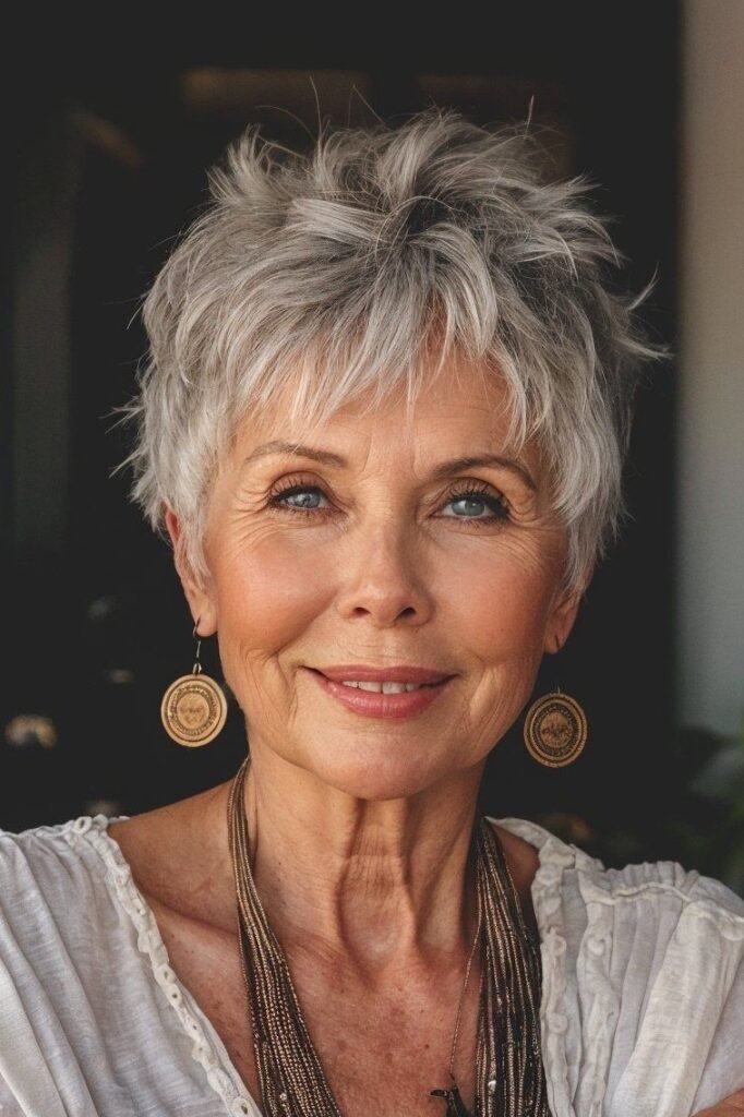 Textured Salt-and-Pepper Pixie Cut with Soft Bangs