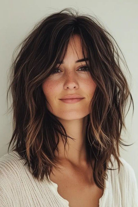 Textured Shag Haircut with Layers and Bangs