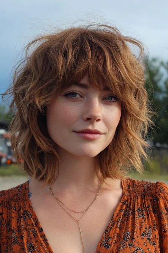 Textured Shag with Layered Waves and Bangs