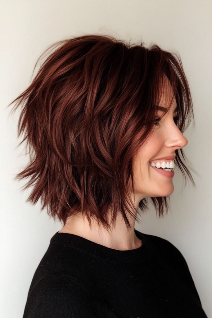 Textured Shaggy Bob with Deep Auburn Tones