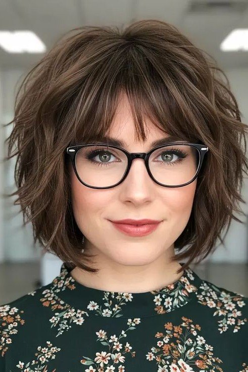Textured Shaggy Bob with Glasses and Bangs