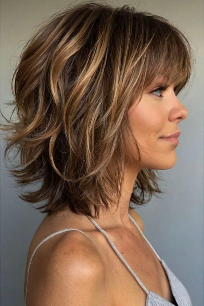 Textured Shaggy Bob with Highlights and Bangs