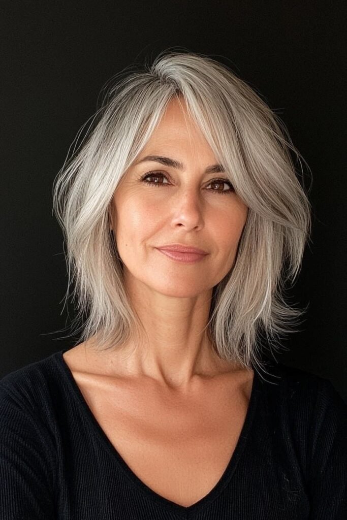 Textured Shaggy Bob with Side-Swept Silver Layers