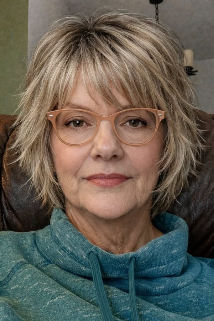 Textured Shaggy Bob with Soft Bangs and Glasses