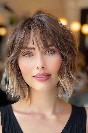 Textured Shaggy Bob with Wispy Bangs