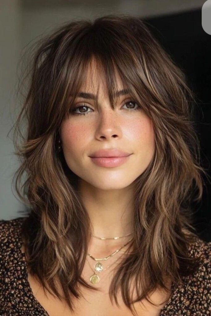 Textured Shaggy Layers with Full Curtain Bangs