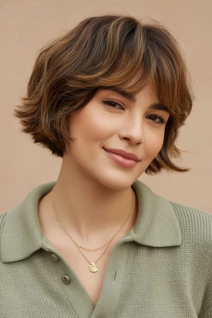 Textured Short Bob with Caramel Highlights and Bangs