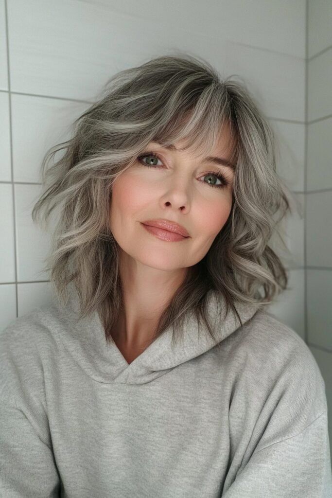 Textured Shoulder-Length Bob with Soft Wispy Bangs