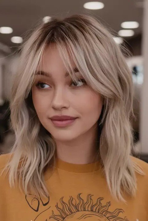 Textured Shoulder-Length Cut with Curtain Bangs