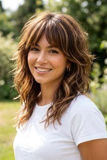 Textured Shoulder-Length Layers with Soft Bangs