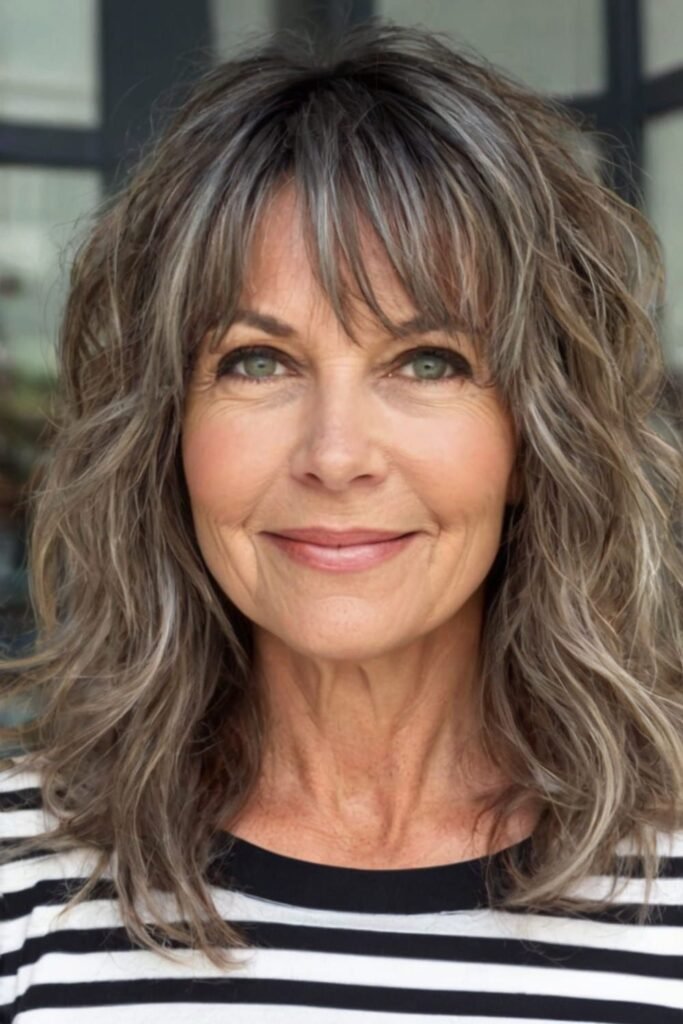Textured Shoulder-Length Shag with Soft Layers and Bangs