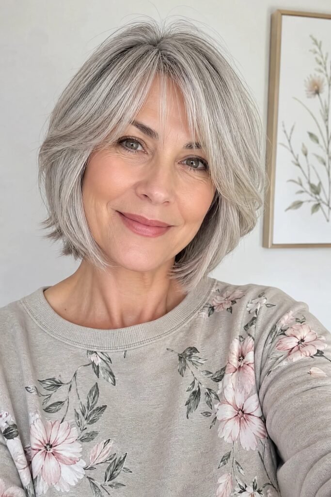 Textured Silver Bob with Curtain Bangs