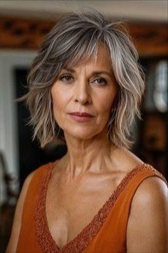Textured Silver Bob with Side Swept Bangs