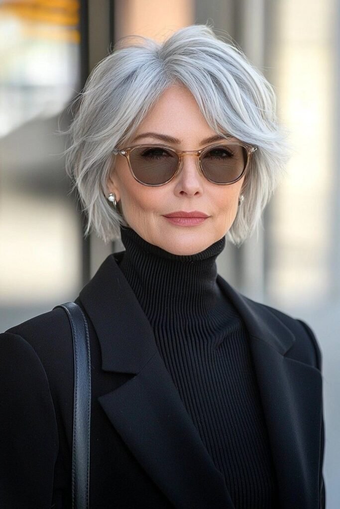 Textured Silver Bob with Side-Swept Bangs