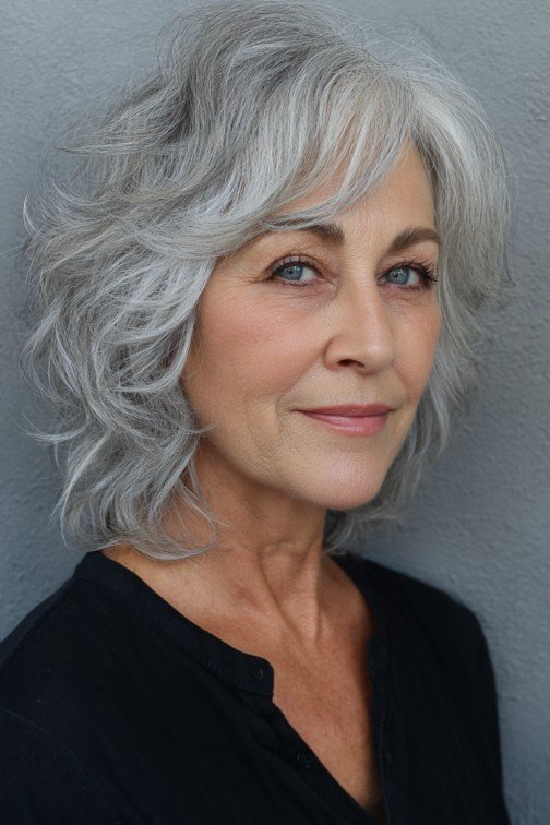 Textured Silver Bob with Soft Curtain Bangs