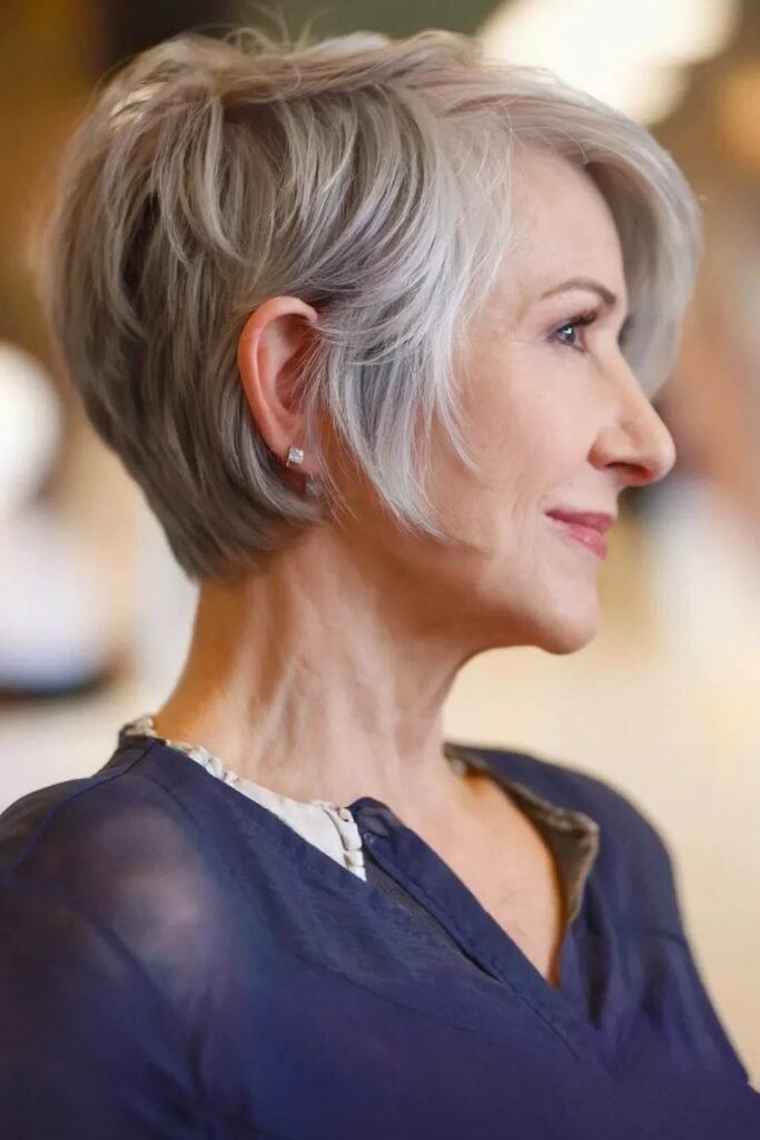 Textured Silver Bob with Soft Side Swept Bangs