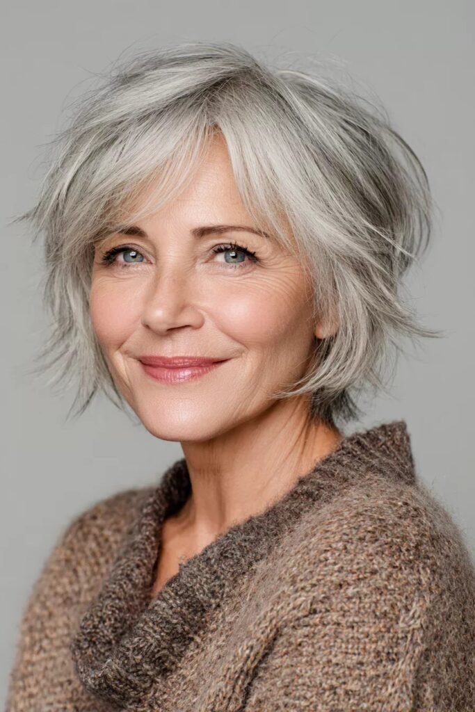 Textured Silver Crop Cut with Side-Swept Bangs