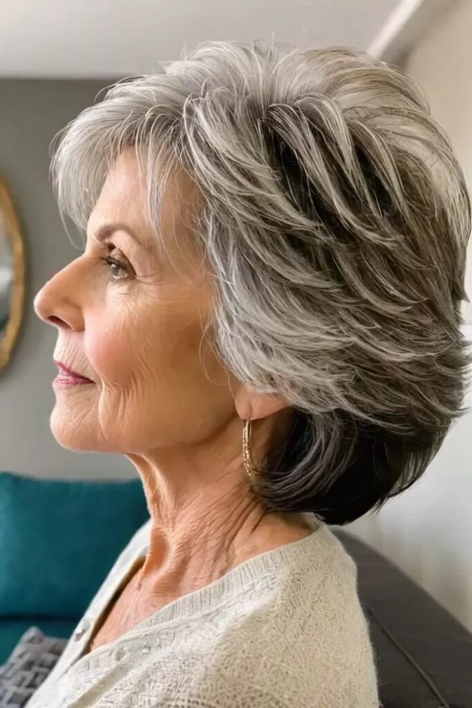 Textured Silver Layered Bob with Side-Swept Bangs