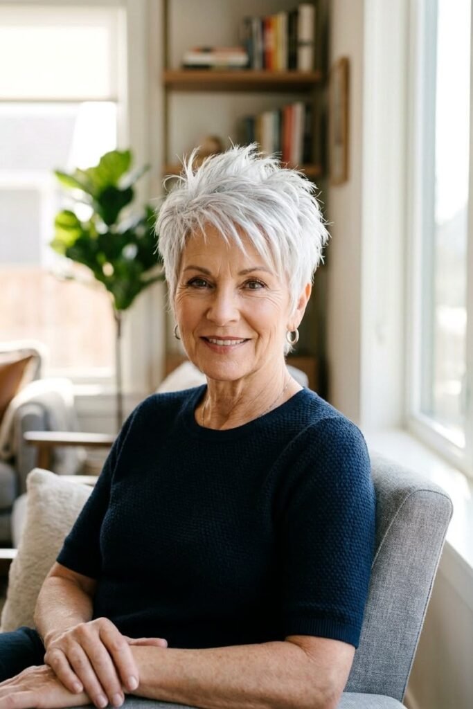 Textured Silver Pixie Crop with Side-Swept Fringe