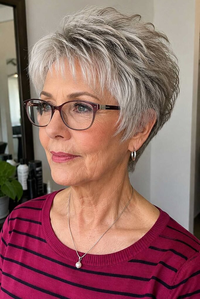 Textured Silver Pixie Cut with Glasses and Soft Bangs