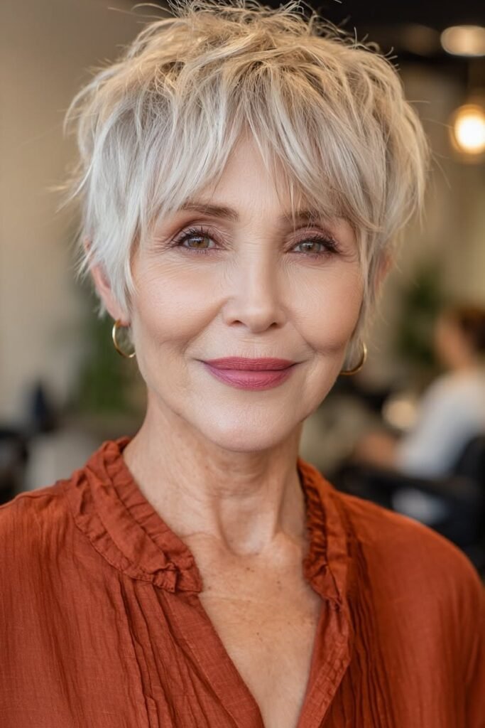 Textured Silver Pixie Cut with Layered Crown